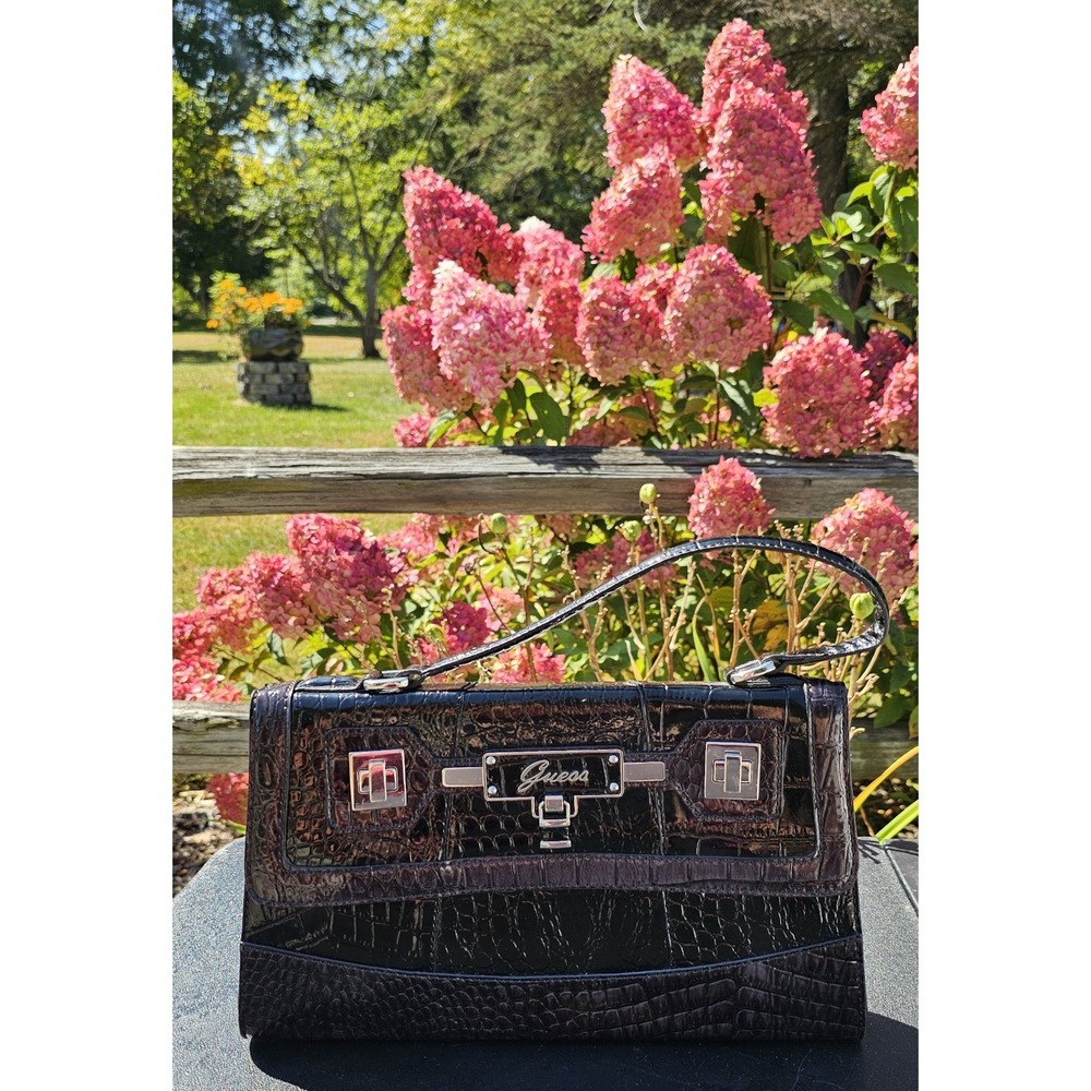 GUESS LINA‎ CROCO LIKE BROWN MULTI SATCHEL HANDBAG PURSE